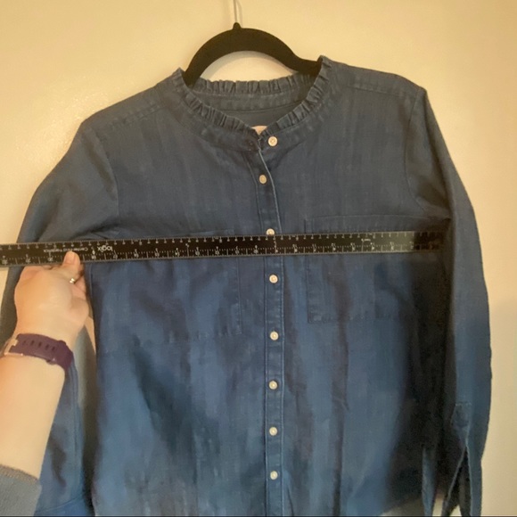 Loft Womens Denim Button Up Shirt Top Blue Ruffle Neck Long Sleeve Pockets - Picture 12 of 12